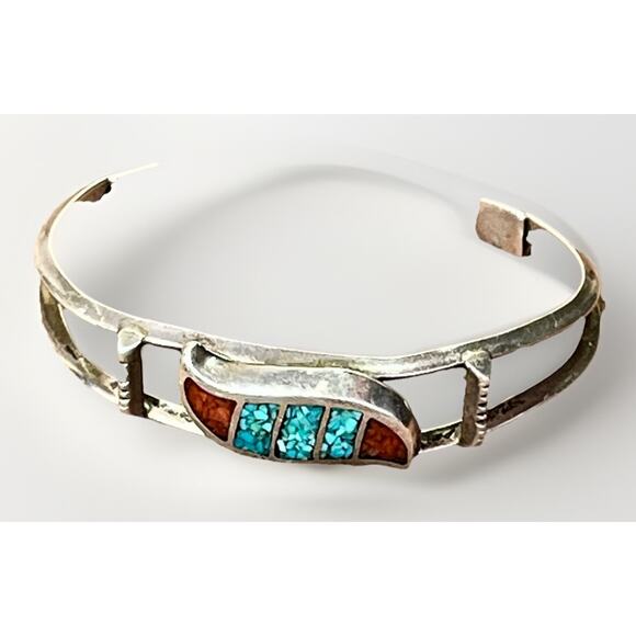 VTG Sterling Silver Turquoise Coral Chip Inlay Cuff Bracelet Navajo Style 19.9g - Picture 4 of 16